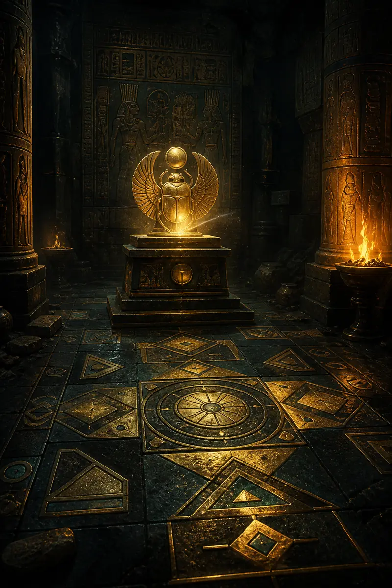 Underground tomb chamber with a glowing scarab and puzzle floor tiles